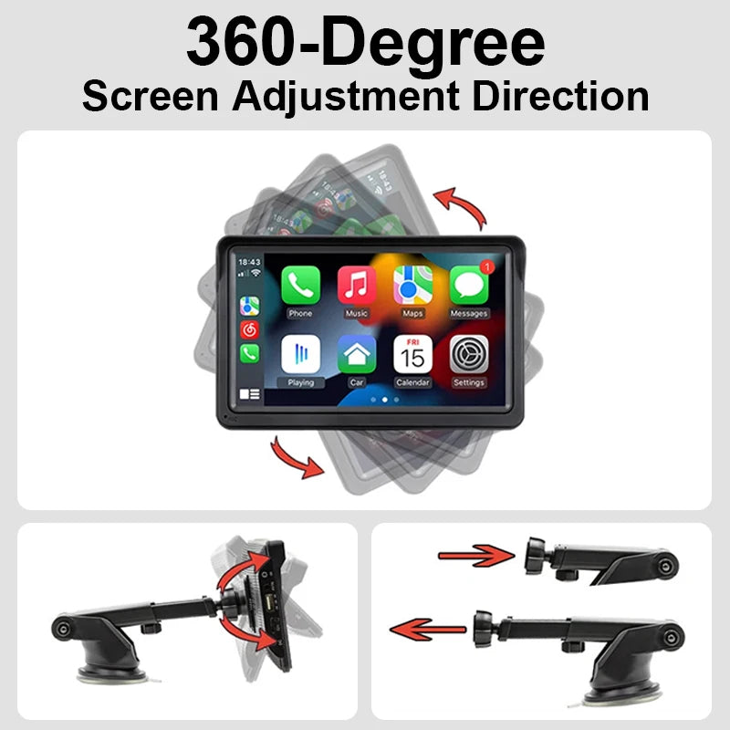 Hippcron 7" Portable Car Multimedia Screen with Wireless CarPlay & Android Auto – Universal Touch Display Player