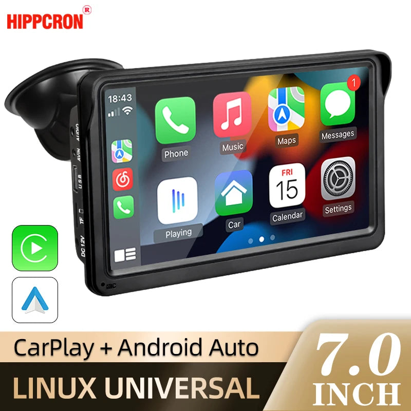 Hippcron 7" Portable Car Multimedia Screen with Wireless CarPlay & Android Auto – Universal Touch Display Player